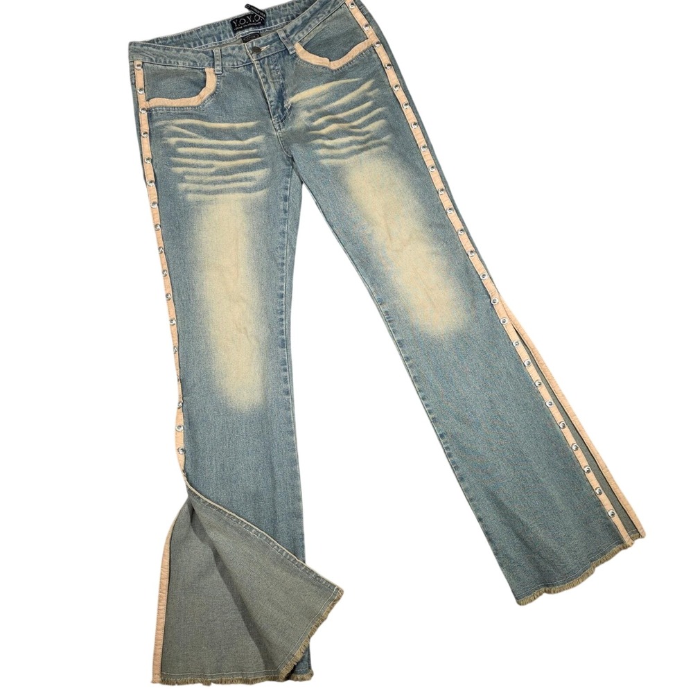 Vintage Y.O.Y.O. Flare Jeans Split Hem Distressed Studded Slit Y2K McBling sz 13